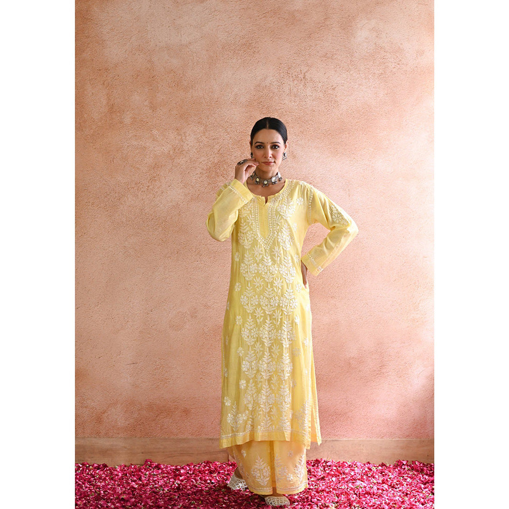 House of Chikankari Sharleez Chikankari Yellow Chanderi Straight Kurta with Palazzo (Set of 2)