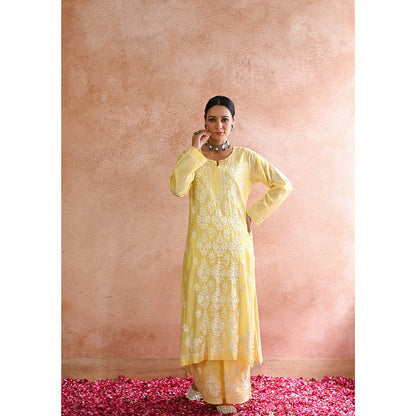 House of Chikankari Sharleez Chikankari Yellow Chanderi Straight Kurta with Palazzo (Set of 2)
