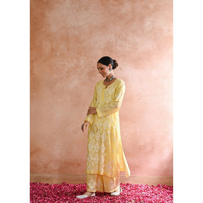 House of Chikankari Sharleez Chikankari Yellow Chanderi Straight Kurta with Palazzo (Set of 2)