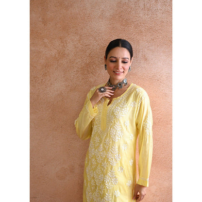 House of Chikankari Sharleez Chikankari Yellow Chanderi Straight Kurta with Palazzo (Set of 2)
