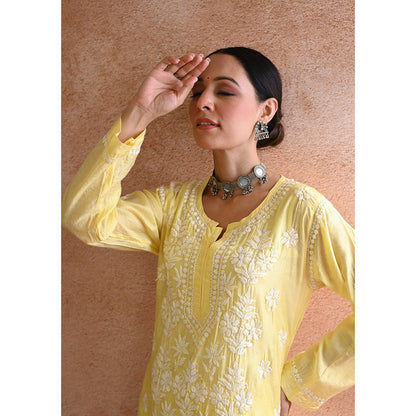 House of Chikankari Sharleez Chikankari Yellow Chanderi Straight Kurta with Palazzo (Set of 2)
