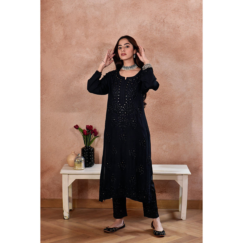 House of Chikankari Afifa Chikankari Black Rayon Kurta with Pant with Pant (Set of 2)