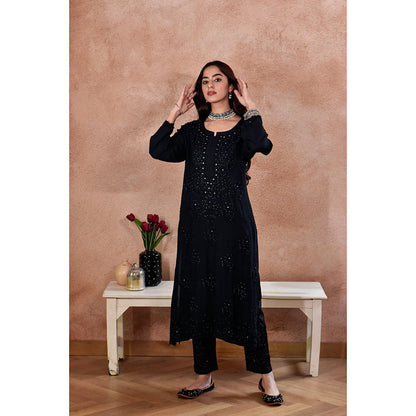 House of Chikankari Afifa Chikankari Black Rayon Kurta with Pant with Pant (Set of 2)