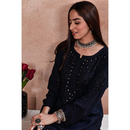 House of Chikankari Afifa Chikankari Black Rayon Kurta with Pant with Pant (Set of 2)