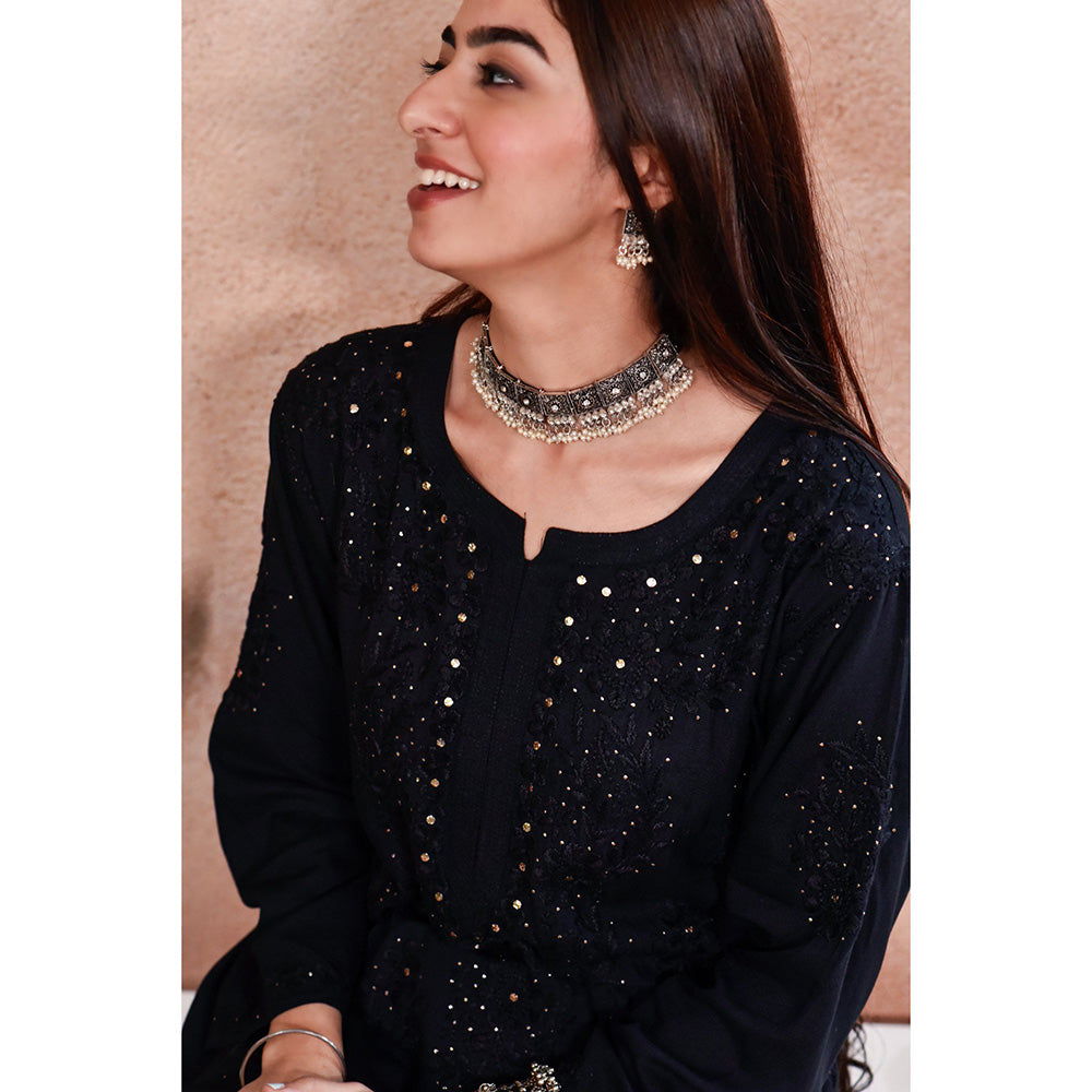 House of Chikankari Afifa Chikankari Black Rayon Kurta with Pant with Pant (Set of 2)