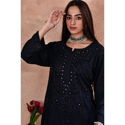 House of Chikankari Afifa Chikankari Black Rayon Kurta with Pant with Pant (Set of 2)