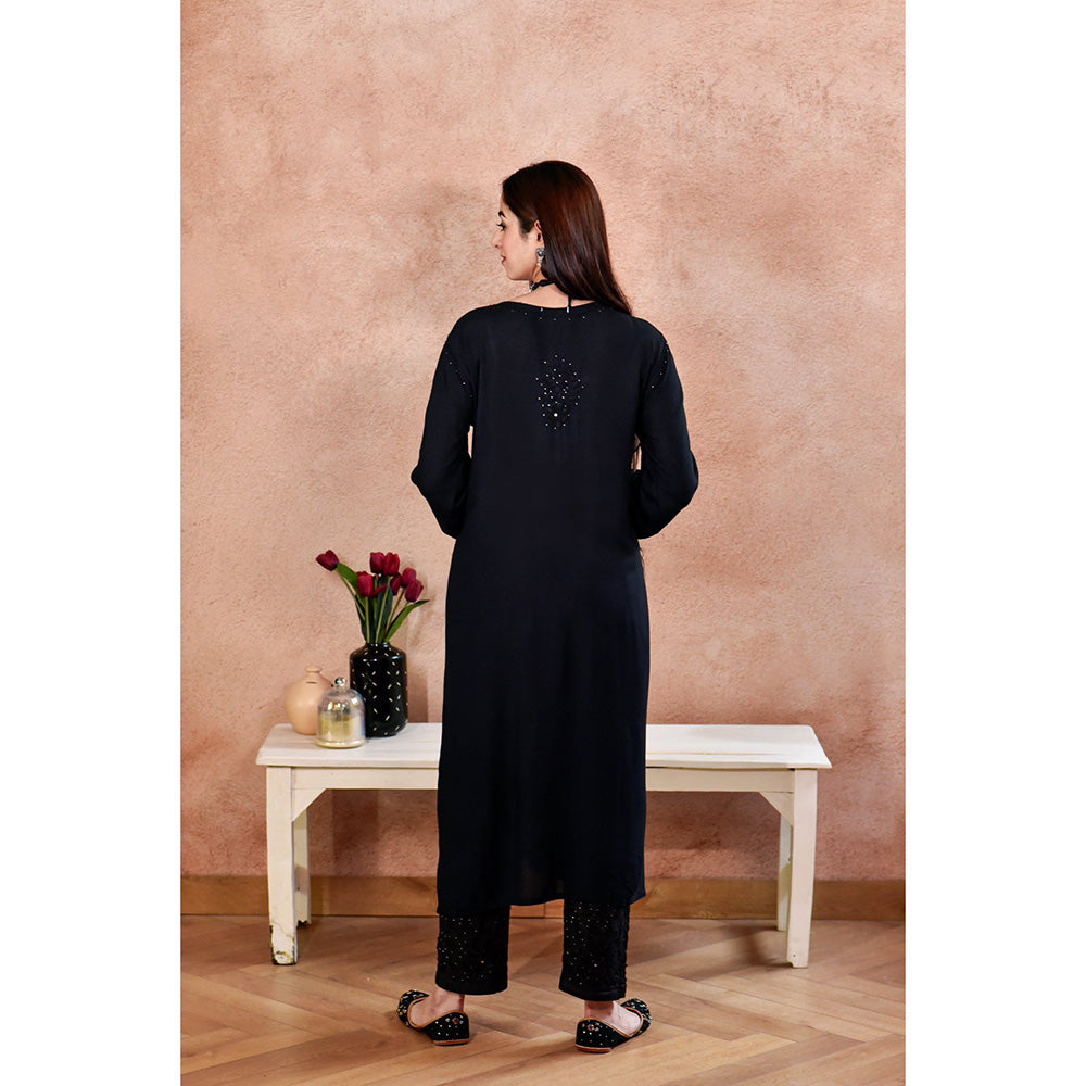 House of Chikankari Afifa Chikankari Black Rayon Kurta with Pant with Pant (Set of 2)