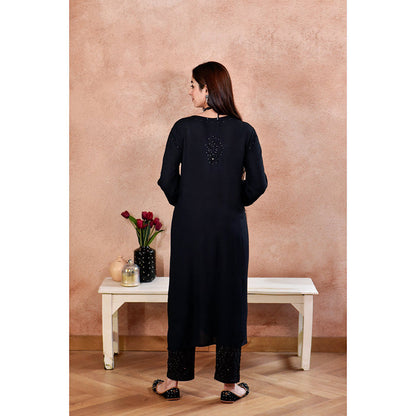 House of Chikankari Afifa Chikankari Black Rayon Kurta with Pant with Pant (Set of 2)
