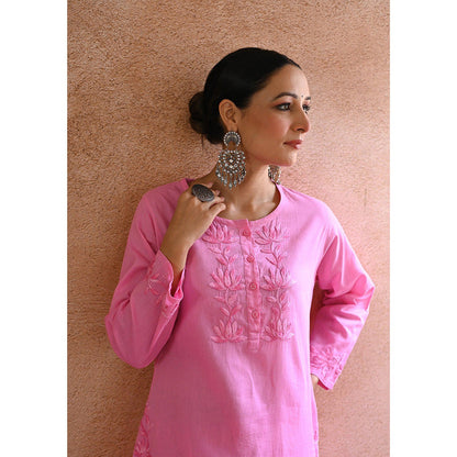 House of Chikankari Afsoon Chikankari Pink Cotton Kurta with Pant with Pant (Set of 2)