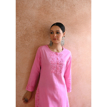 House of Chikankari Afsoon Chikankari Pink Cotton Kurta with Pant with Pant (Set of 2)
