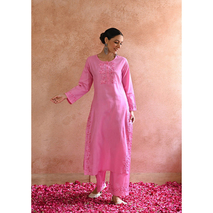 House of Chikankari Afsoon Chikankari Pink Cotton Kurta with Pant with Pant (Set of 2)