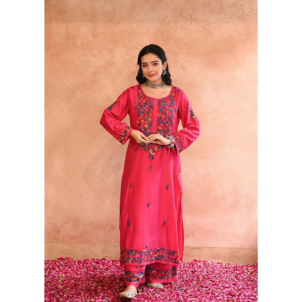 House of Chikankari Aafna Chikankari Pink Chanderi Straight Kurta with Palazzo (Set of 2)