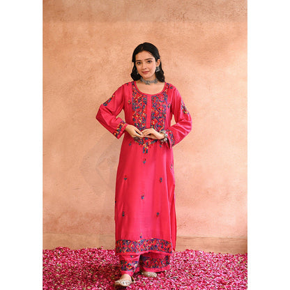 House of Chikankari Aafna Chikankari Pink Chanderi Straight Kurta with Palazzo (Set of 2)
