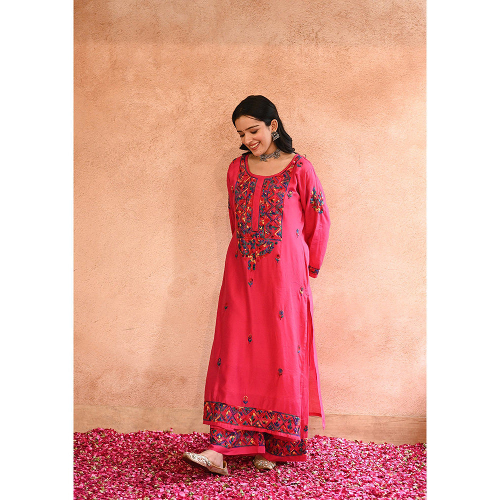 House of Chikankari Aafna Chikankari Pink Chanderi Straight Kurta with Palazzo (Set of 2)