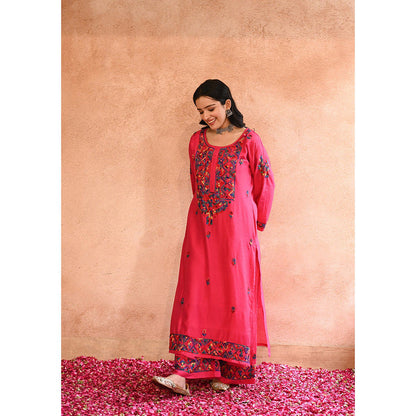 House of Chikankari Aafna Chikankari Pink Chanderi Straight Kurta with Palazzo (Set of 2)