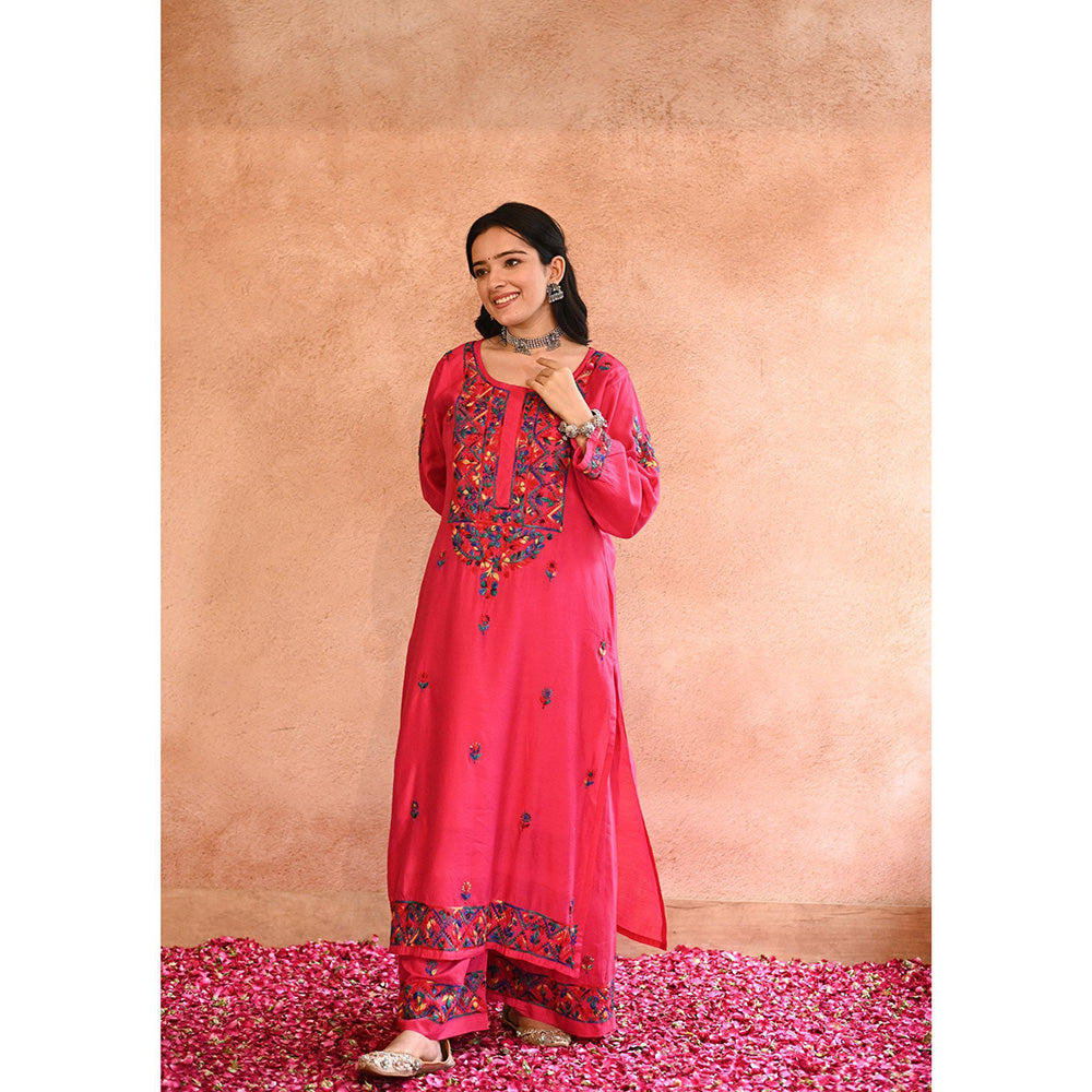 House of Chikankari Aafna Chikankari Pink Chanderi Straight Kurta with Palazzo (Set of 2)
