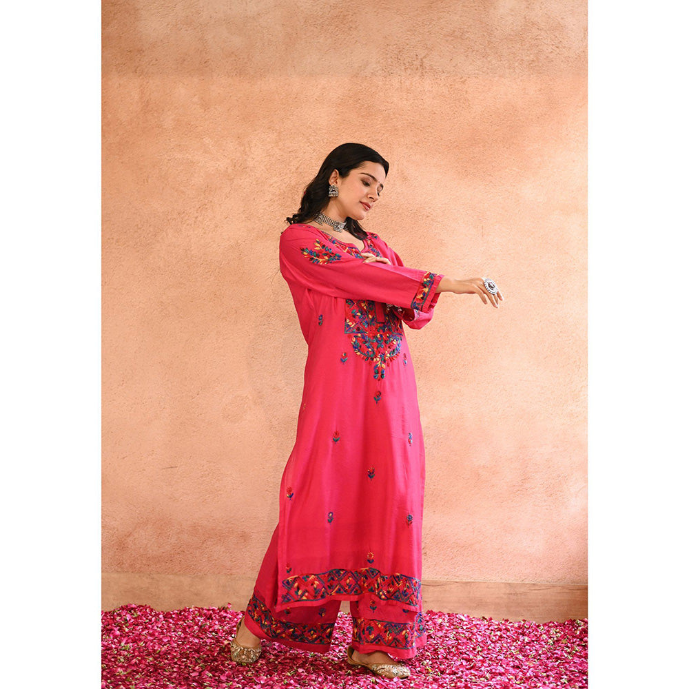 House of Chikankari Aafna Chikankari Pink Chanderi Straight Kurta with Palazzo (Set of 2)