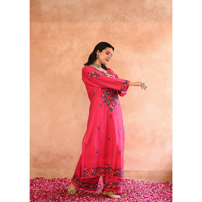 House of Chikankari Aafna Chikankari Pink Chanderi Straight Kurta with Palazzo (Set of 2)