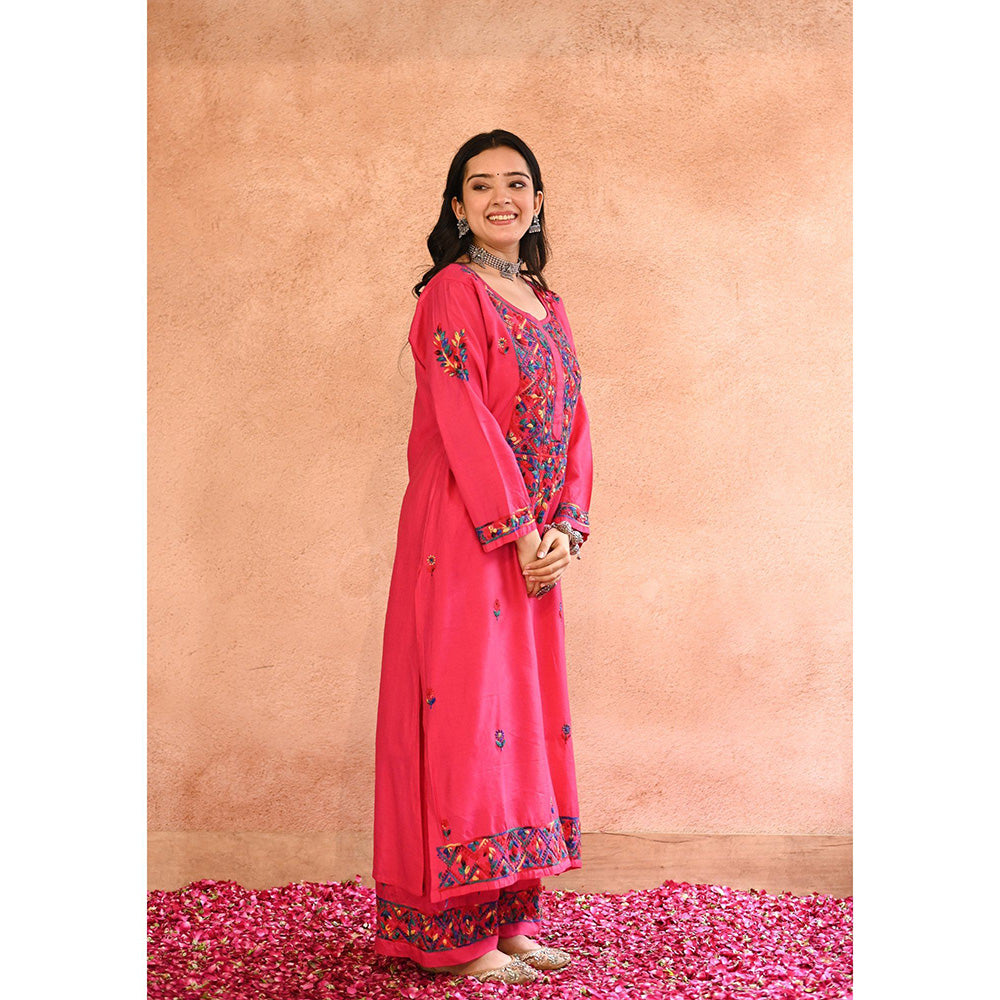 House of Chikankari Aafna Chikankari Pink Chanderi Straight Kurta with Palazzo (Set of 2)