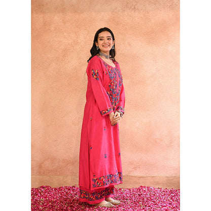 House of Chikankari Aafna Chikankari Pink Chanderi Straight Kurta with Palazzo (Set of 2)