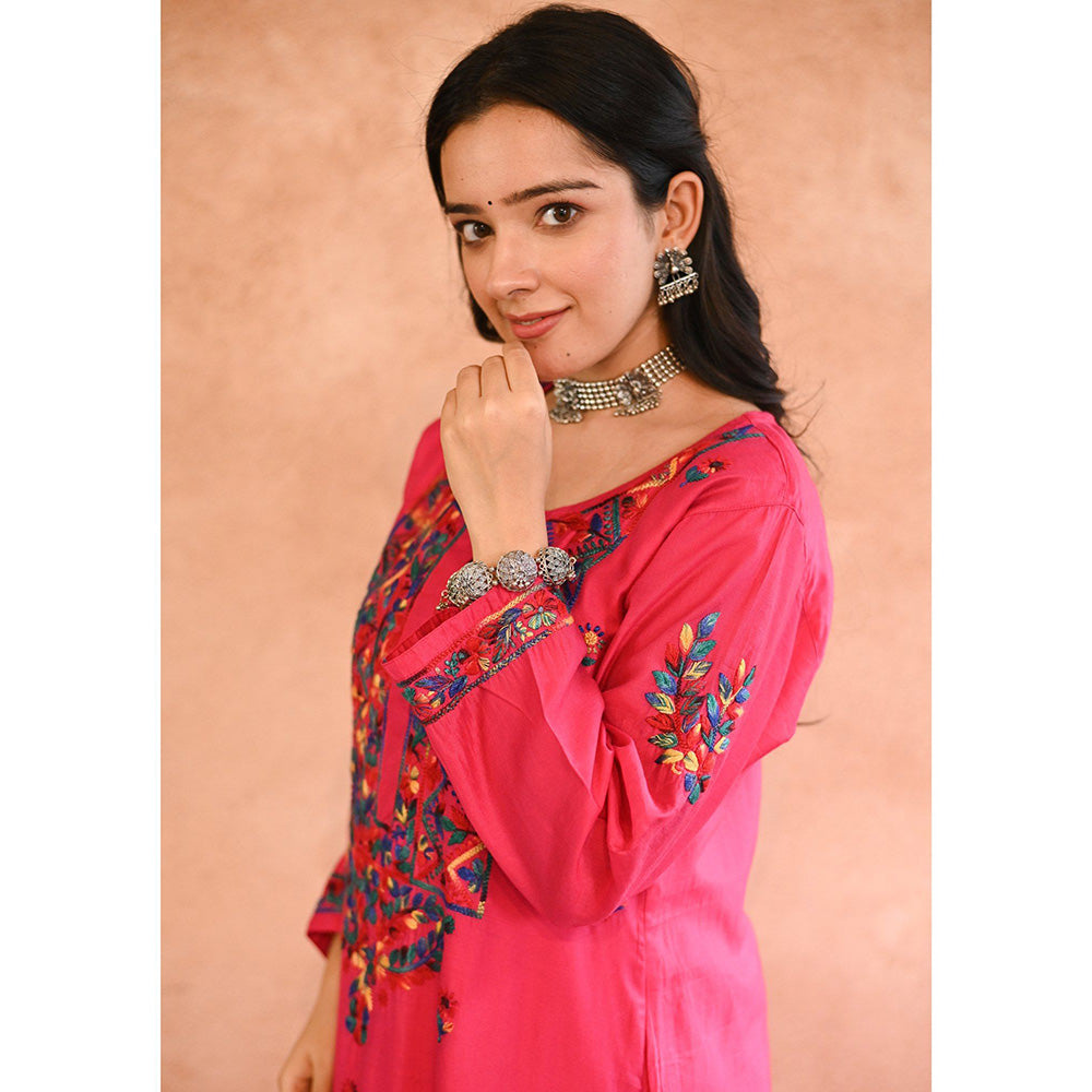 House of Chikankari Aafna Chikankari Pink Chanderi Straight Kurta with Palazzo (Set of 2)