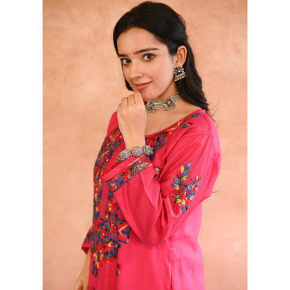 House of Chikankari Aafna Chikankari Pink Chanderi Straight Kurta with Palazzo (Set of 2)