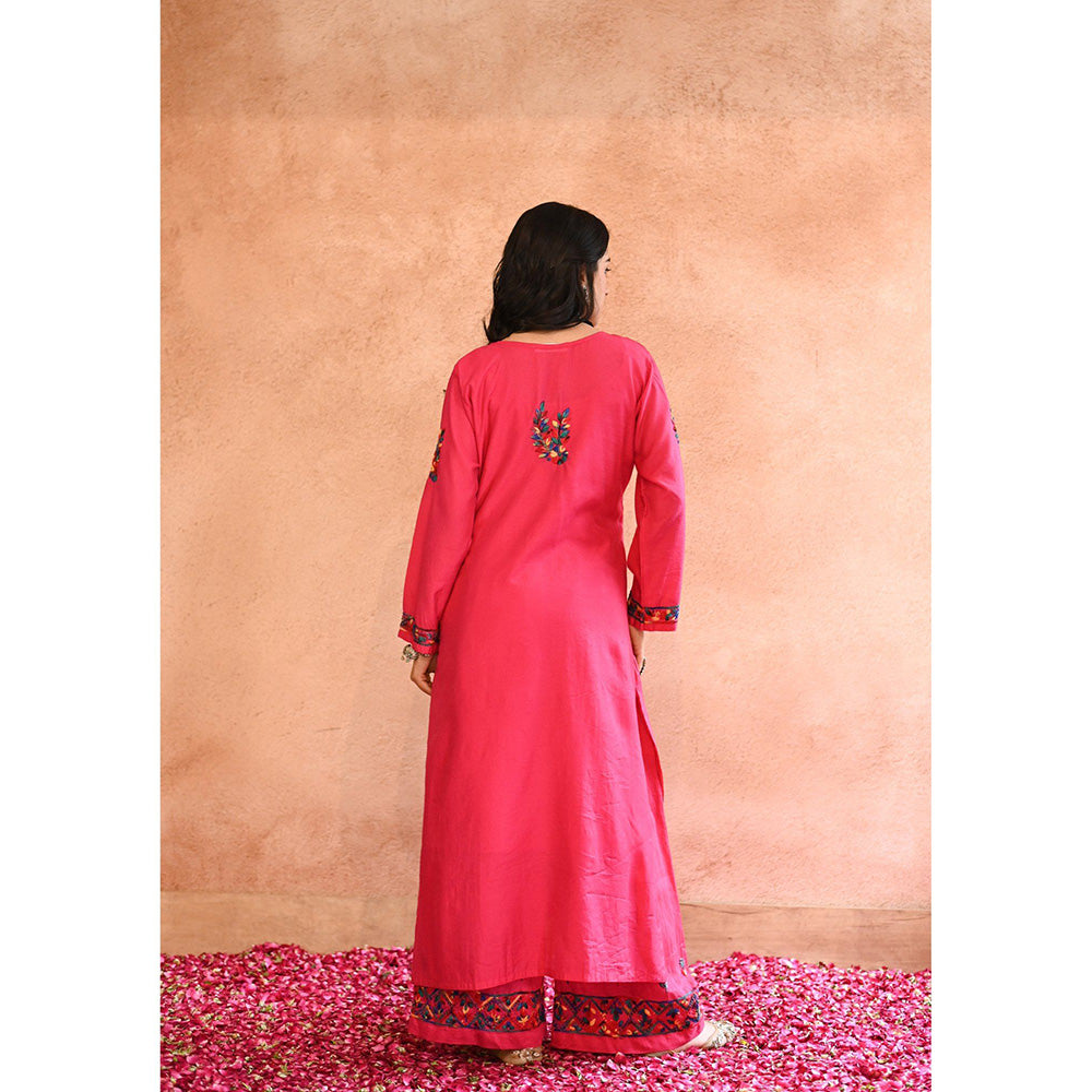 House of Chikankari Aafna Chikankari Pink Chanderi Straight Kurta with Palazzo (Set of 2)