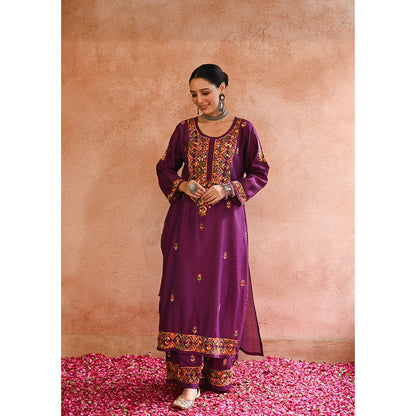 House of Chikankari Aafna Chikankari Purple Chanderi Straight Kurta with Palazzo (Set of 2)
