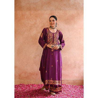 House of Chikankari Aafna Chikankari Purple Chanderi Straight Kurta with Palazzo (Set of 2)
