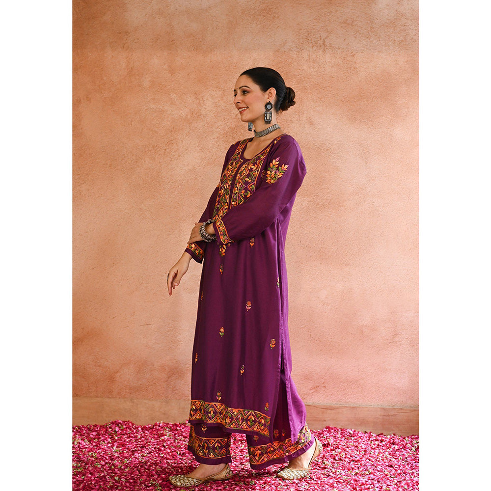 House of Chikankari Aafna Chikankari Purple Chanderi Straight Kurta with Palazzo (Set of 2)