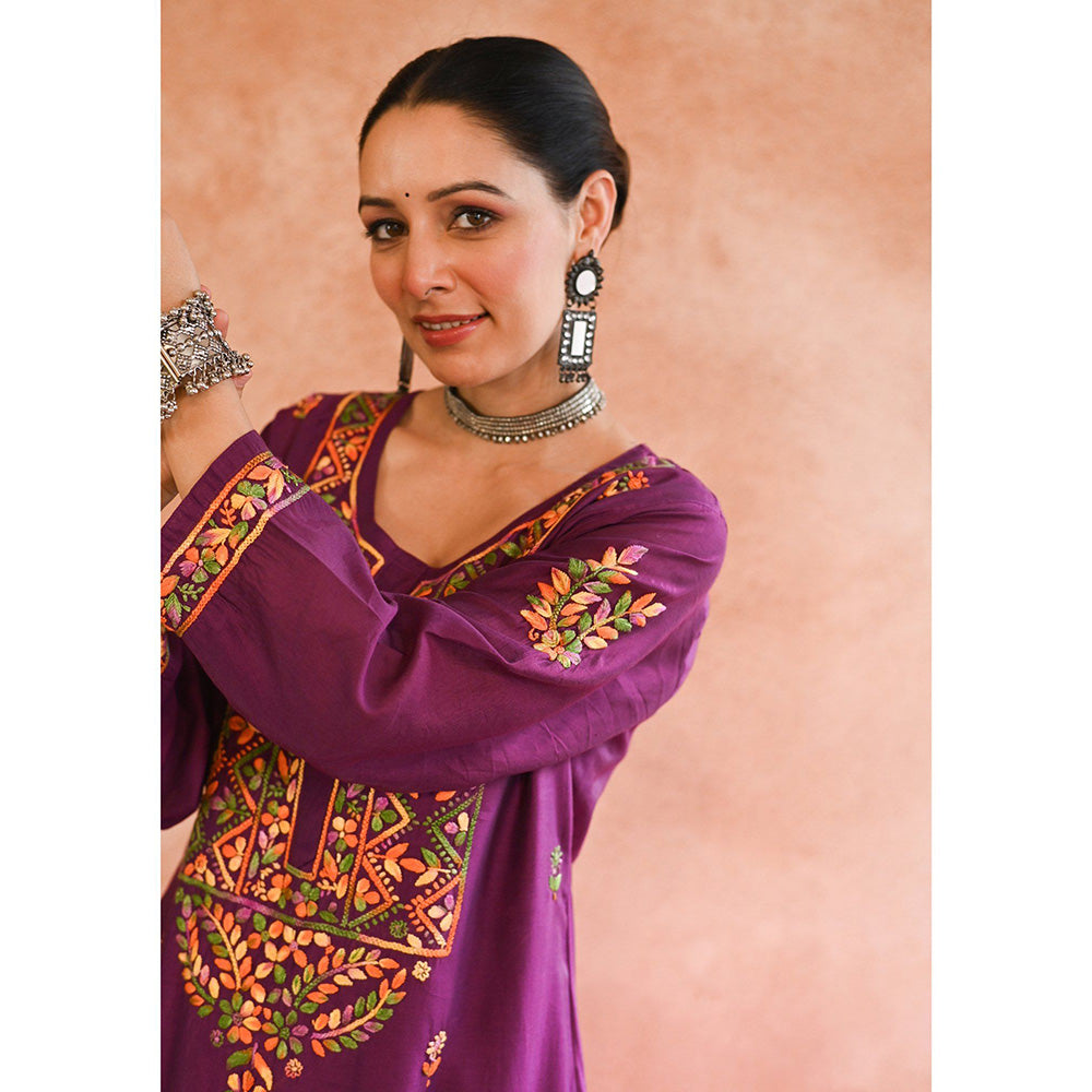 House of Chikankari Aafna Chikankari Purple Chanderi Straight Kurta with Palazzo (Set of 2)