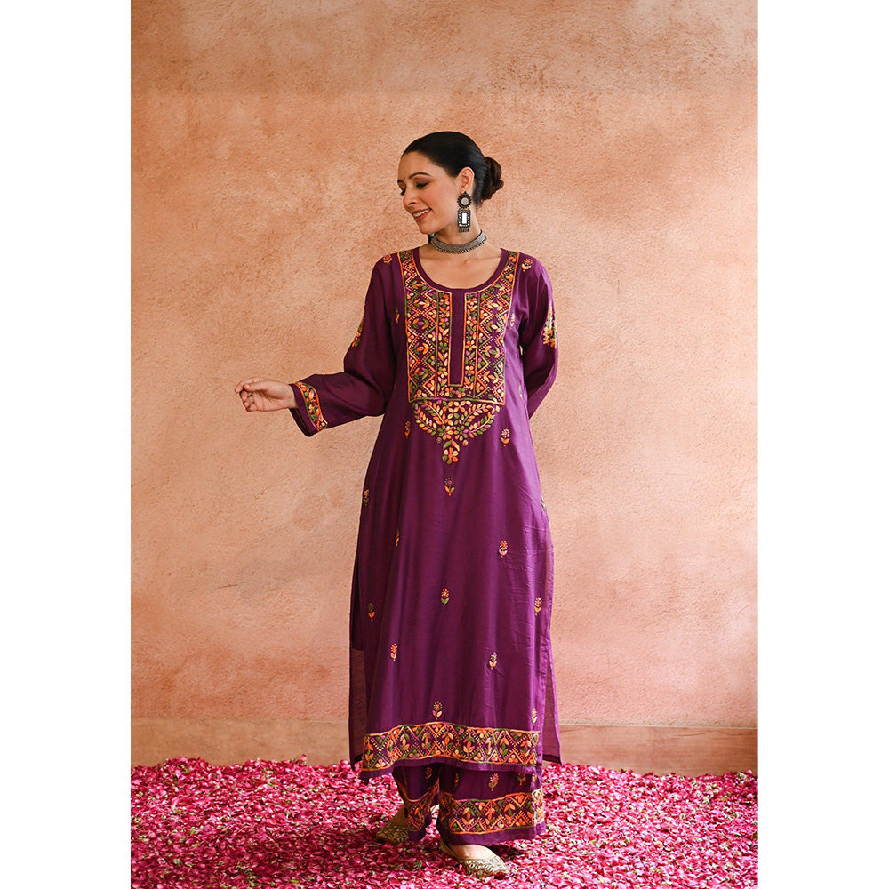House of Chikankari Aafna Chikankari Purple Chanderi Straight Kurta with Palazzo (Set of 2)