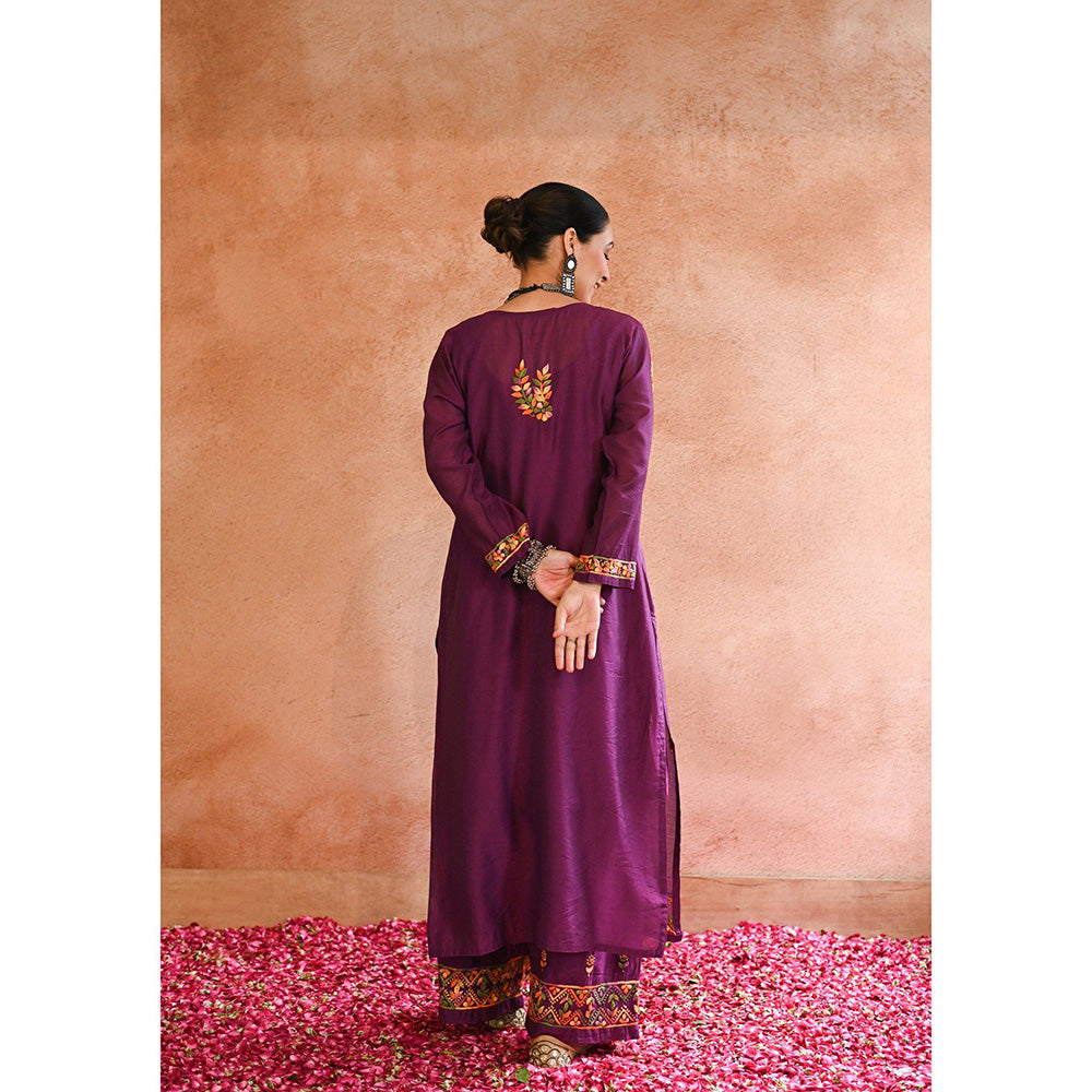 House of Chikankari Aafna Chikankari Purple Chanderi Straight Kurta with Palazzo (Set of 2)
