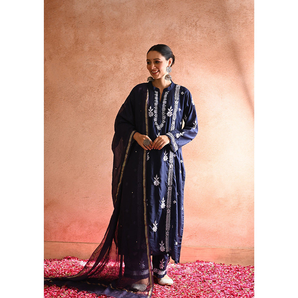 House of Chikankari Aabis Chikankari Navy Blue Chanderi Kurta With Pant and Dupatta (Set of 3)