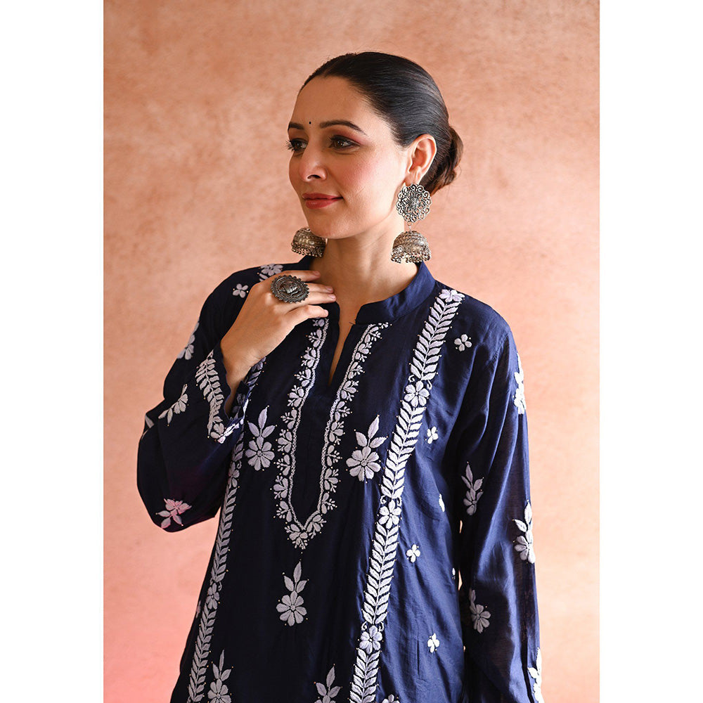 House of Chikankari Aabis Chikankari Navy Blue Chanderi Kurta With Pant and Dupatta (Set of 3)