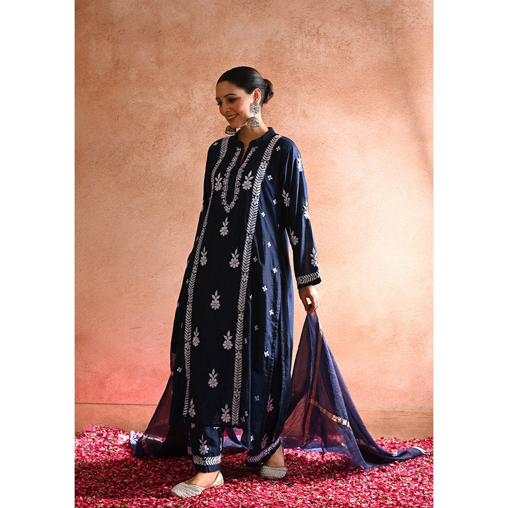 House of Chikankari Aabis Chikankari Navy Blue Chanderi Kurta With Pant and Dupatta (Set of 3)