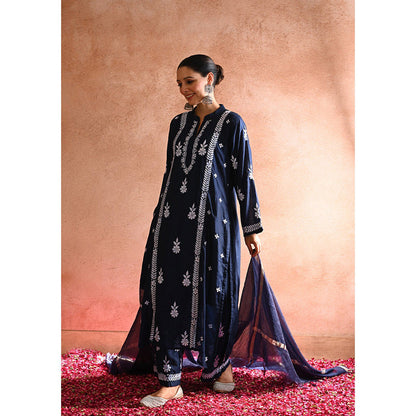 House of Chikankari Aabis Chikankari Navy Blue Chanderi Kurta With Pant and Dupatta (Set of 3)