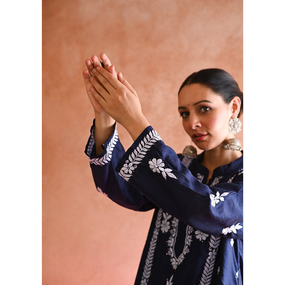 House of Chikankari Aabis Chikankari Navy Blue Chanderi Kurta With Pant and Dupatta (Set of 3)