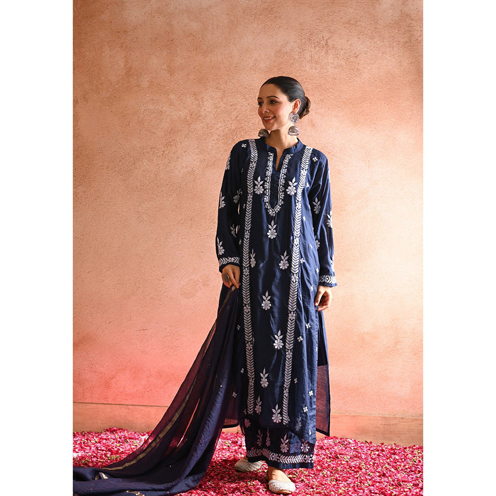 House of Chikankari Aabis Chikankari Navy Blue Chanderi Kurta With Pant and Dupatta (Set of 3)