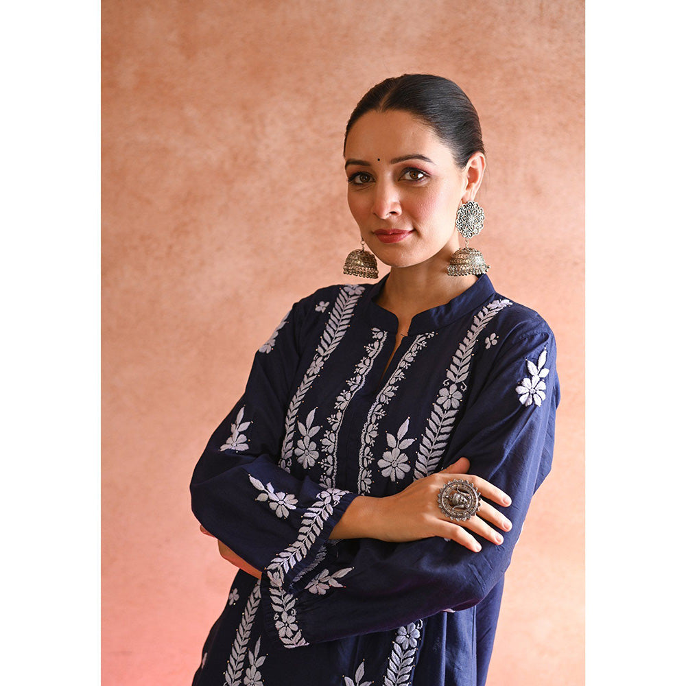 House of Chikankari Aabis Chikankari Navy Blue Chanderi Kurta With Pant and Dupatta (Set of 3)
