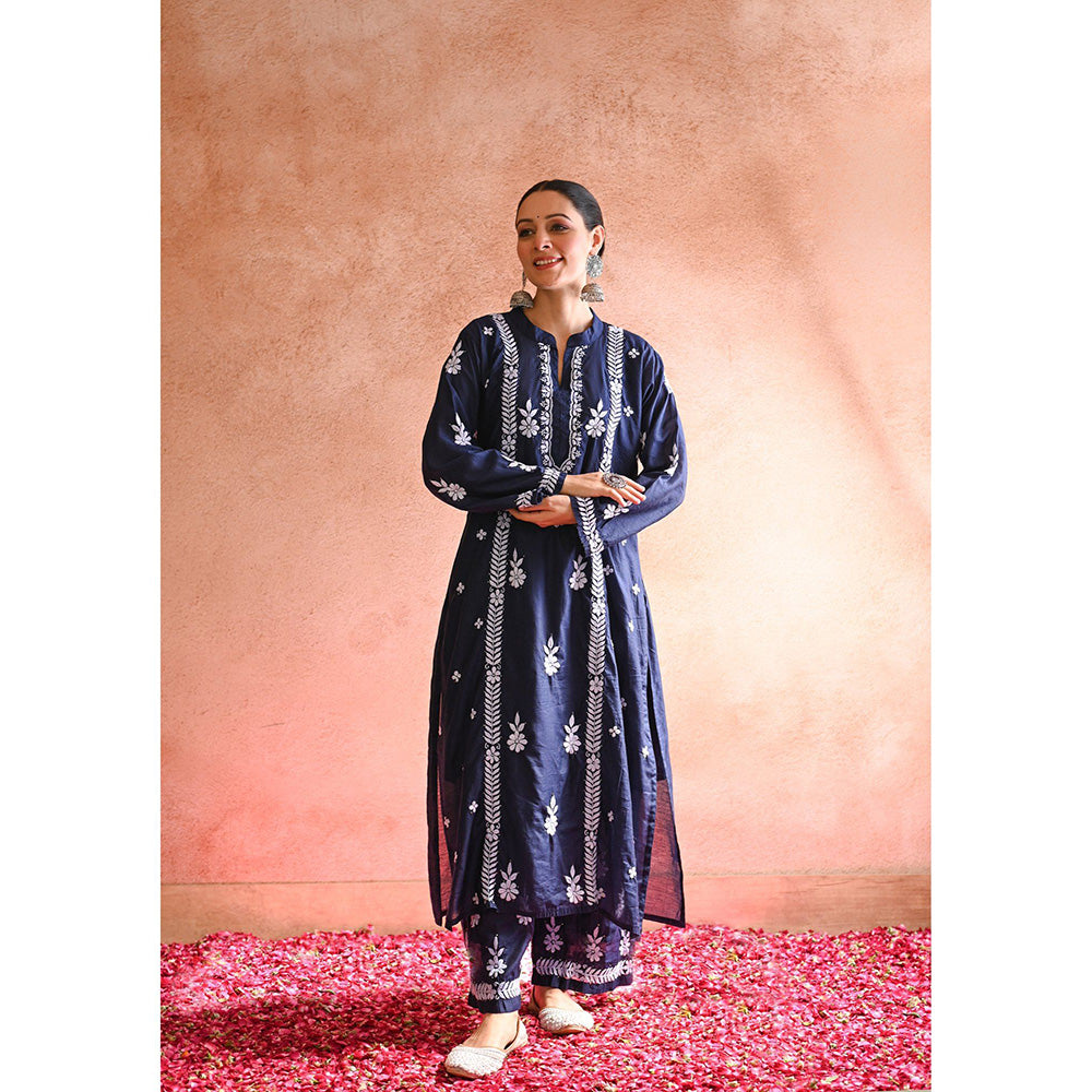 House of Chikankari Aabis Chikankari Navy Blue Chanderi Kurta With Pant and Dupatta (Set of 3)