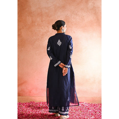 House of Chikankari Aabis Chikankari Navy Blue Chanderi Kurta With Pant and Dupatta (Set of 3)