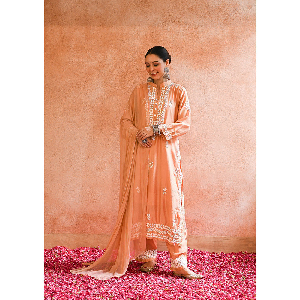 House of Chikankari Ifrah Chikankari Orange Chanderi Kurta With Pant and Dupatta (Set of 3)