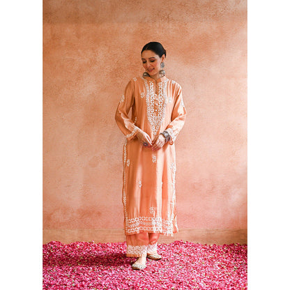 House of Chikankari Ifrah Chikankari Orange Chanderi Kurta With Pant and Dupatta (Set of 3)