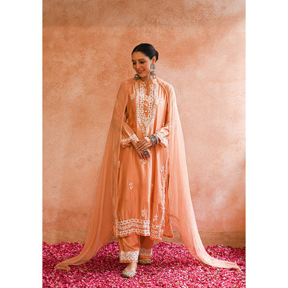 House of Chikankari Ifrah Chikankari Orange Chanderi Kurta With Pant and Dupatta (Set of 3)