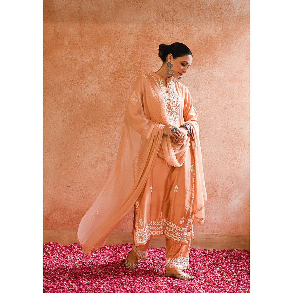 House of Chikankari Ifrah Chikankari Orange Chanderi Kurta With Pant and Dupatta (Set of 3)