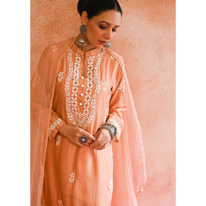 House of Chikankari Ifrah Chikankari Orange Chanderi Kurta With Pant and Dupatta (Set of 3)