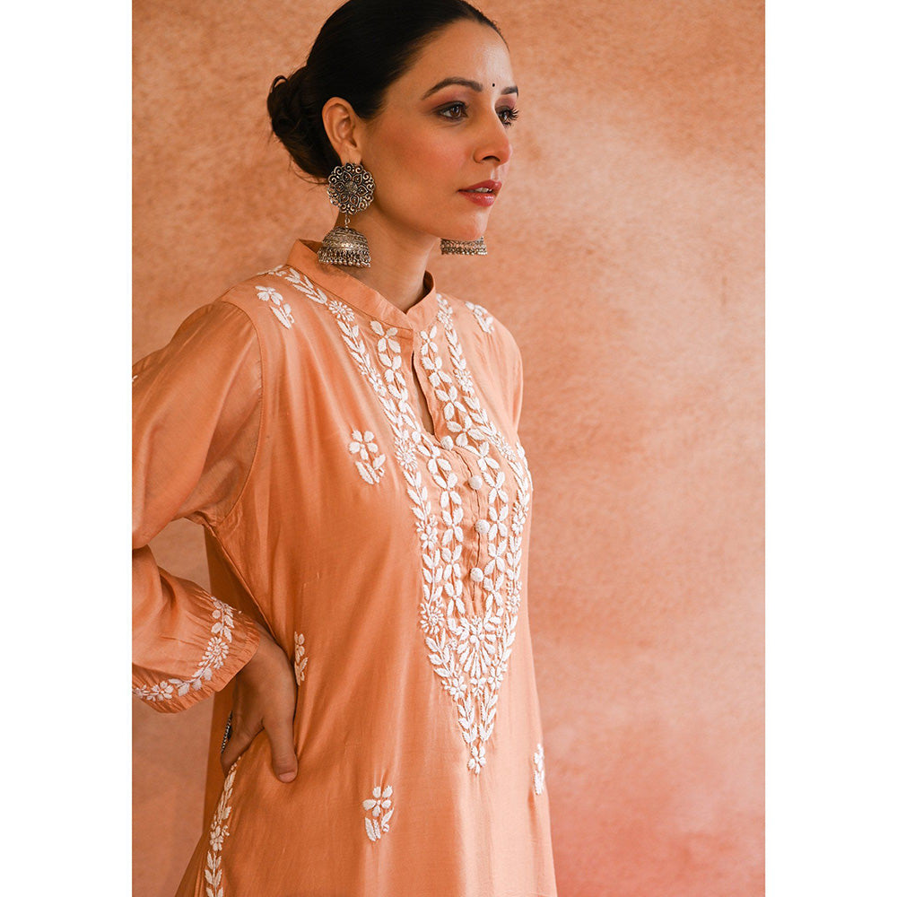 House of Chikankari Ifrah Chikankari Orange Chanderi Kurta With Pant and Dupatta (Set of 3)