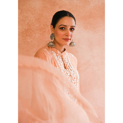 House of Chikankari Ifrah Chikankari Orange Chanderi Kurta With Pant and Dupatta (Set of 3)