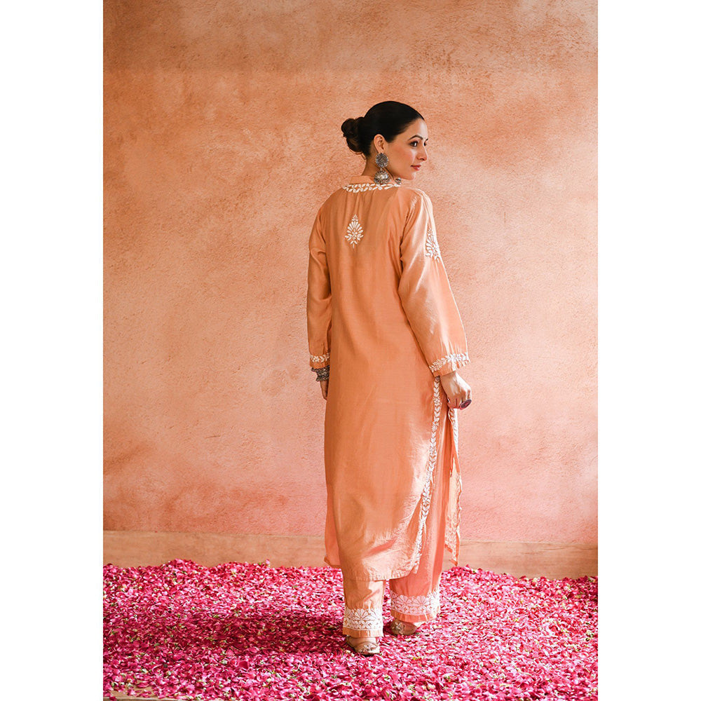 House of Chikankari Ifrah Chikankari Orange Chanderi Kurta With Pant and Dupatta (Set of 3)